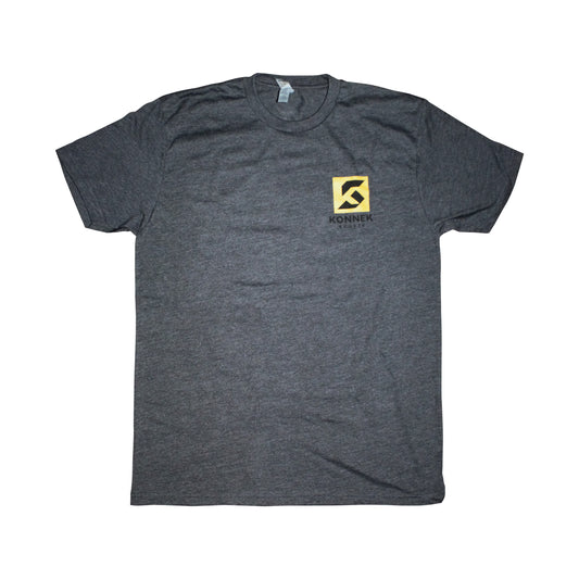 Gray t-shirt with a yellow and black Konnek Sports logo on a white background