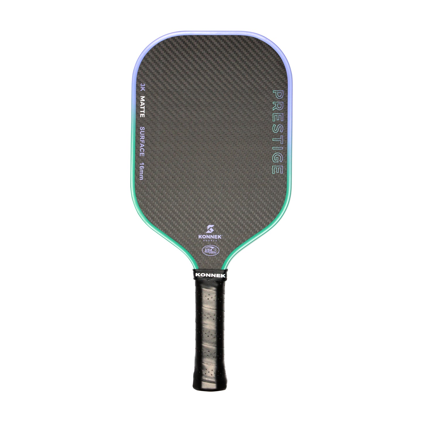 Pickleball paddle with carbon fiber texture on a white background with Konnek Sports Logo