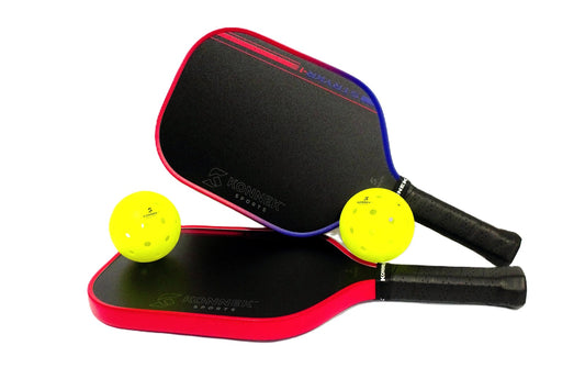 Two pickleball paddles with two balls