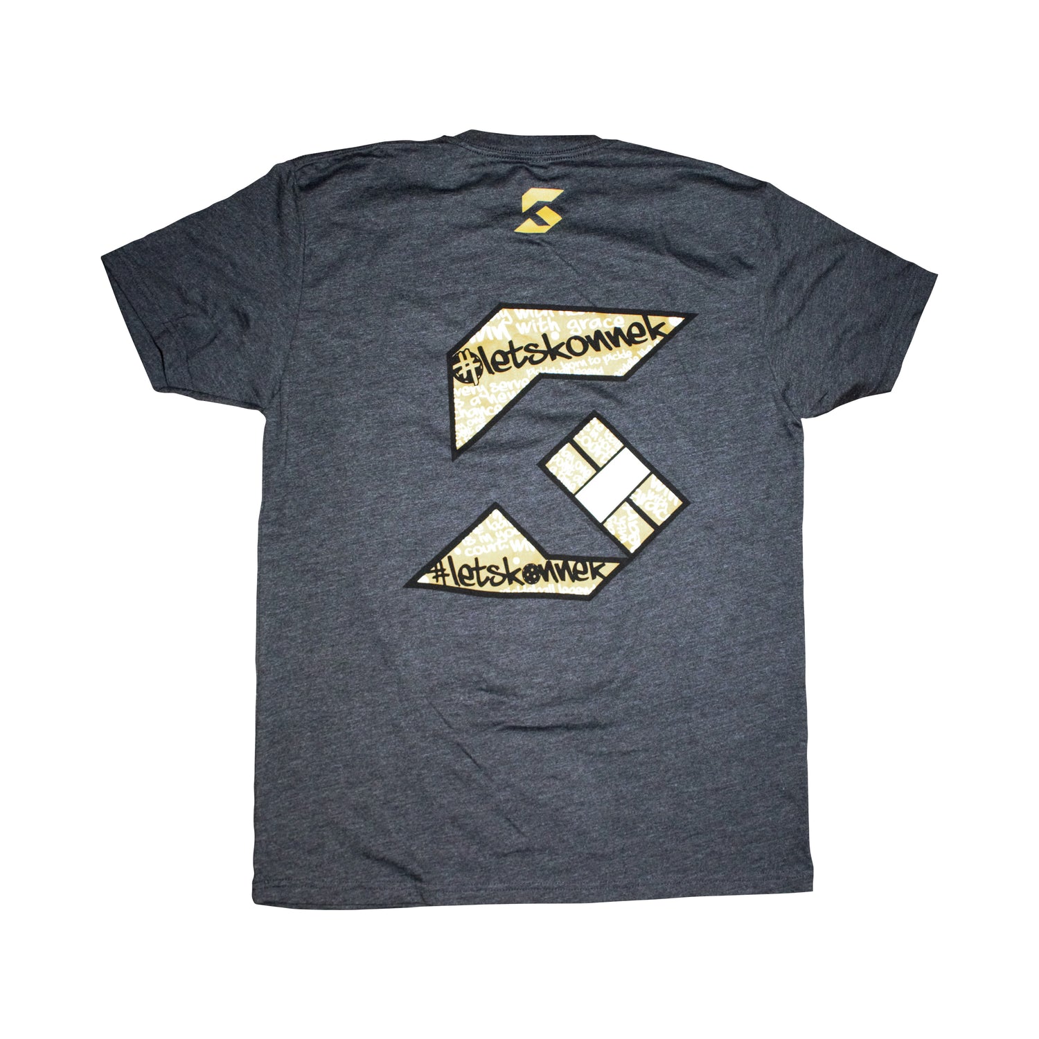 Charcoal Grey back t-shirt with yellow Konnek Sports Logo on a white background