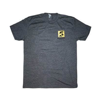 Gray t-shirt with a yellow and black Konnek Sports logo on a white background