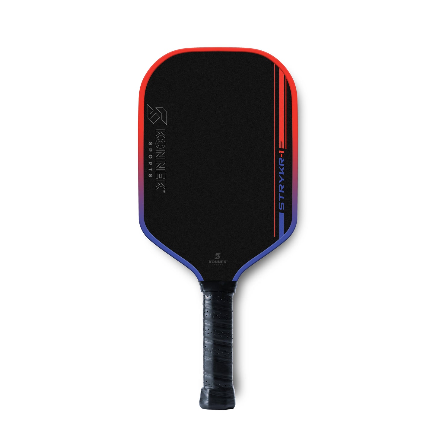 Pickleball paddle with black face and red and blue accents on a white background - konnek sports
