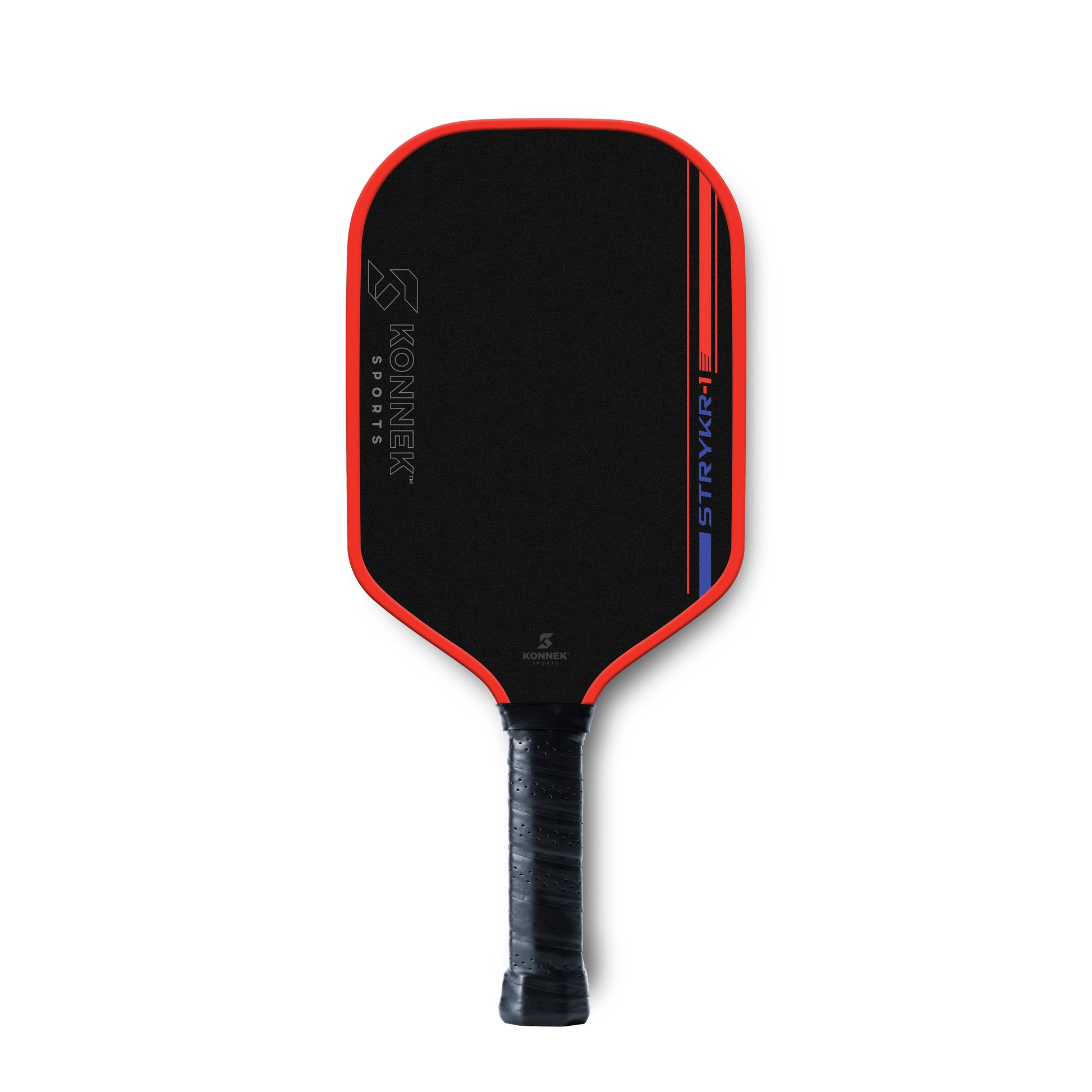 Pickleball paddle with red border and black surface on a white background
