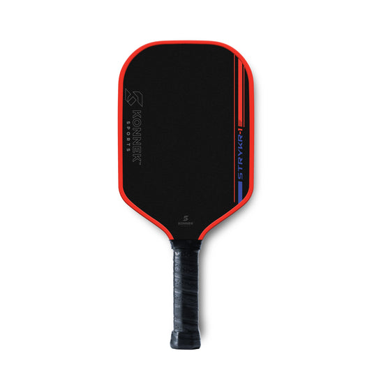 Pickleball paddle with red border and black surface on a white background