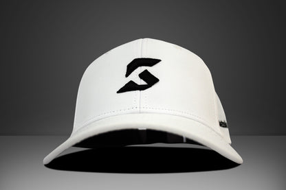 White cap with a black konne ksports logo on a gray background